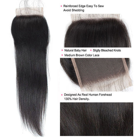 Indian Straight Hair 3 Bundles with Closure Virgin Hair