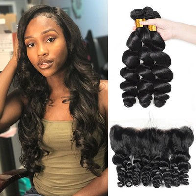 Virgin Malaysian Loose Wave Virgin Human Hair 3 Bundles with Lace Frontal