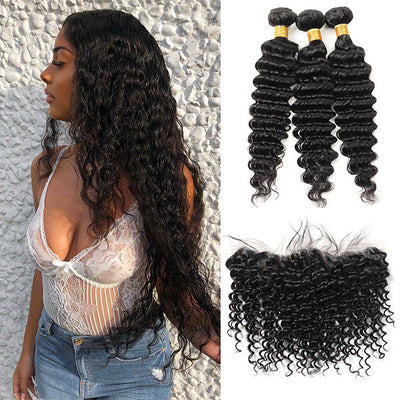 Virgin Malaysian Deep Wave 3 Bundles with 13*4 Lace Frontal