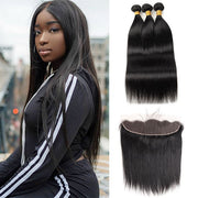 Virgin Malaysian Straight Hair 3 Bundles with 13*4 Lace Frontal Closure