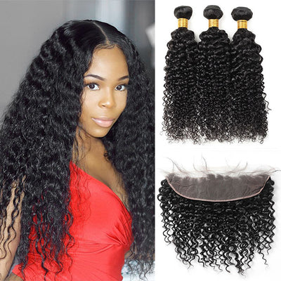 Virgin Malaysian Kinky Curly Wave 3 Bundles with 13*4 Lace Frontal Human Hair