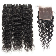 Indian Hair  Water Wave 3 Bundles with 4*4 Lace Closure Virgin  Human Hair