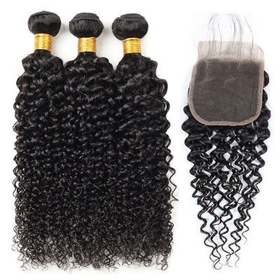 Indian Hair Curly Wave 3 Bundles with 4*4 Lace Closure Virgin Human Hair