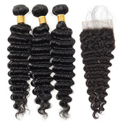 Malaysian Deep Wave Hair 3 Bundles with Lace Closure Virgin Human Hair