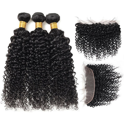 Virgin Indian Kinky Curly Wave 3 Bundles with 13*4 Lace Frontal Human Hair