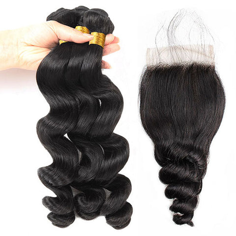 Indian Hair Loose Wave 3 Bundles with 4*4 Lace Closure Virgin Human Hair