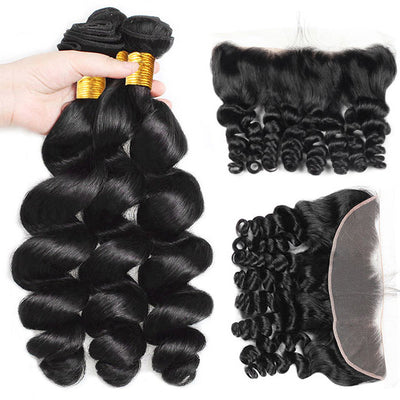 Virgin Indian Loose Wave Virgin Human Hair 3 Bundles with Lace Frontal