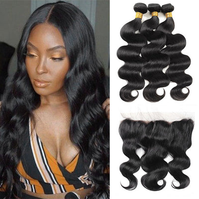 Virgin Malaysian Body Wave Hair 3 Bundles with Lace Frontal