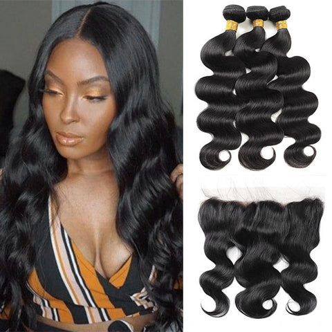 Virgin Malaysian Body Wave Hair 3 Bundles with Lace Frontal