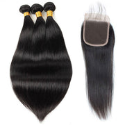 Indian Straight Hair 3 Bundles with Closure Virgin Hair