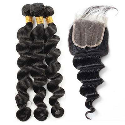 Indian Hair Loose Deep Wave 3 Bundles with 4*4 Lace Closure Virgin Human Hair