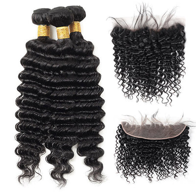 Virgin Indian Deep Wave 3 Bundles with 13*4 Lace Frontal Virgin Human Hair