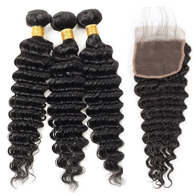 Indian Hair Deep Wave 3 Bundles with 4*4 Lace Closure Virgin Human Hair