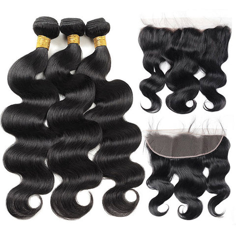 Virgin Malaysian Body Wave Hair 3 Bundles with Lace Frontal