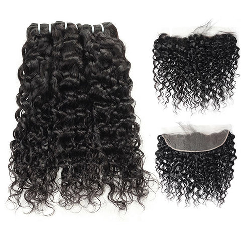 Virgin Indian Water Wave 3 Bundles with 13*4 Frontal Closure Human Hair