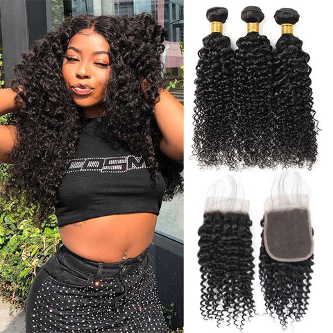 Malaysian Curly Weave Hair 3 Bundles with  Lace Closure Virgin Human Hair