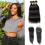 Indian Straight Hair 3 Bundles with Closure Virgin Hair