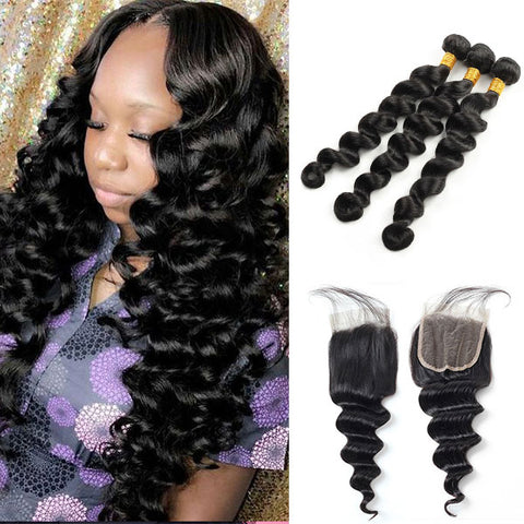 Malaysian Hair Loose Deep Wave 3 Bundles with Lace Closure Virgin Human Hair