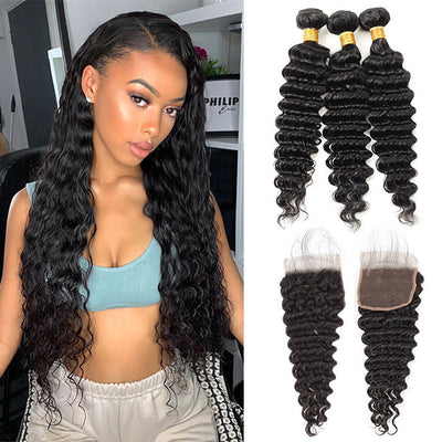 Malaysian Deep Wave Hair 3 Bundles with Lace Closure Virgin Human Hair