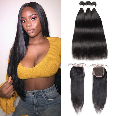 Brazilian Straight Hair  3 Bundles With Lace Closure