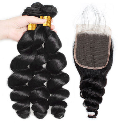 Malaysian Loose Wave Hair 3 Bundles with Lace Closure Virgin Human Hair