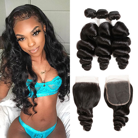 Brazilian Hair Loose Wave 3 Bundles With 4*4 Lace Closure