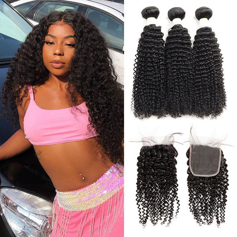 Brazilian Curly Hair 3 Bundles With Lace Closure