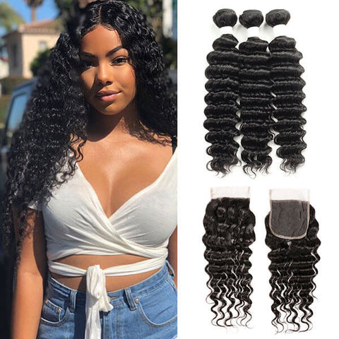 3 Bundles Deep Wave Hair With 4*4 Lace Closure