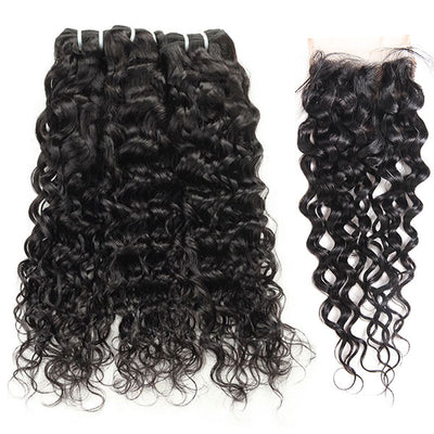 Malaysian Water Wave 3 Bundles with Closure Virgin Human Hair