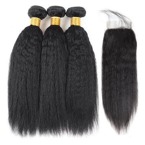 Malaysian Kinky Straight 3 Bundles with Closure Virgin Hair