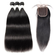 Brazilian Straight Hair  3 Bundles With Lace Closure