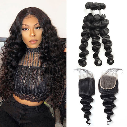 Brazilian Loose Deep Wave 3 Bundles Wave With 4*4 Lace Closure