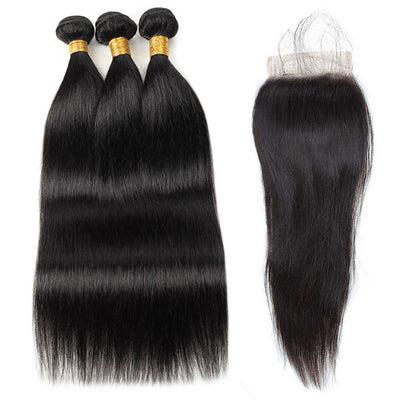 Malaysian Straight Hair 3 Bundles with 4*4 Lace Closure Virgin Human Hair