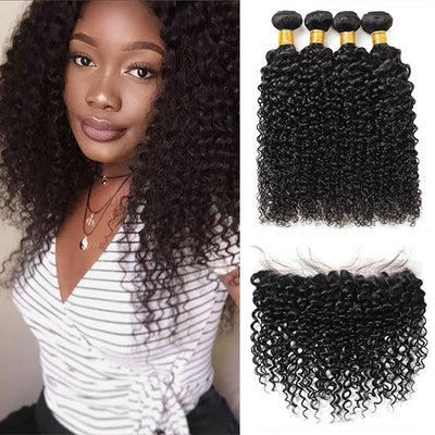 100% Human Virgin Curly Hair Malaysian Hair 4 Bundles with 13*4 Frontal