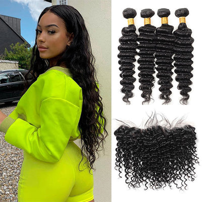 100% Human Virgin Hair Malaysian Deep Wave Hair 4 Bundles with Frontal Hair Extensions