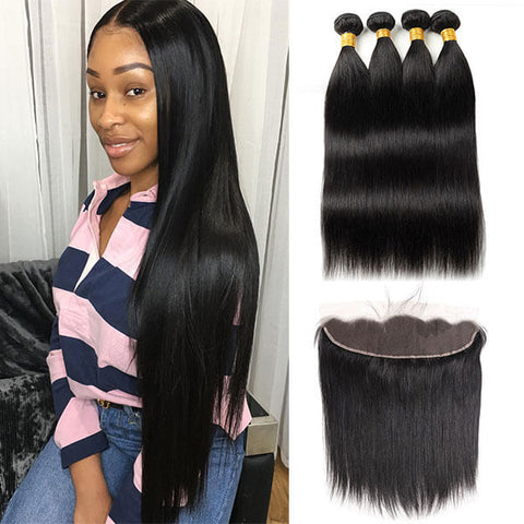 Silky Straight Hair 100% Human Virgin Malaysian Hair 4 Bundles with Frontal