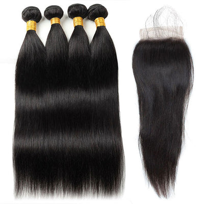 Virgin Indian Straight 4 Bundles With 4*4 Lace Closure Virgin Human Hair