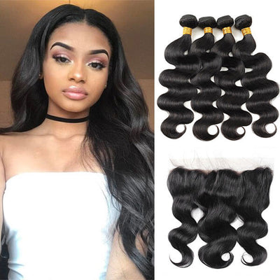 100% Human Virgin Malaysian Body Wave Hair 4 Bundles with Frontal