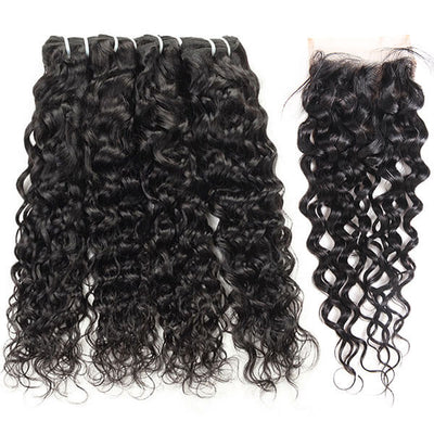 100% Virgin Indian Water Wave Hair 4 Bundles with Closure