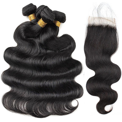 Virgin Indian Body Wave 4 Bundles With 4*4 Lace Closure Virgin Human Hair