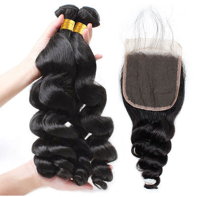 100% Virgin Indian Loose Wave Hair 4 Bundles with Closure