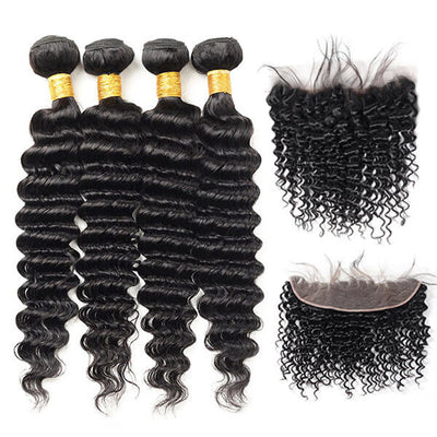 100% Human Virgin Hair Indian Deep Wave Hair 4 Bundles with 13*4 Frontal