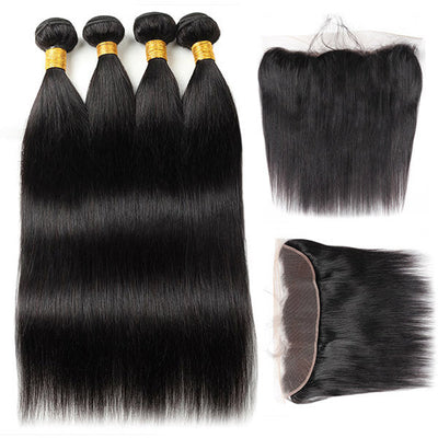 Straight Hair 100% Human Virgin Hair Indian Hair 4 Bundles with 13*4 Frontal