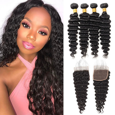 Virgin Indian Deep Wave 4 Bundles with 4*4 Lace Closure Human Hair