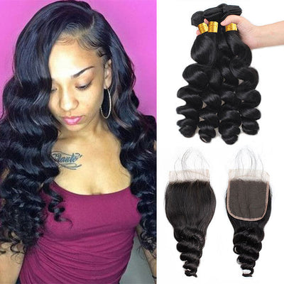 100% Virgin Malaysian Loose Wave Hair 4 Bundles with Closure