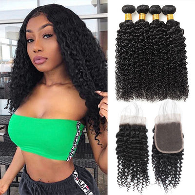 Virgin Malaysian Curly Wave Hair 4 Bundles with 4*4 Closure