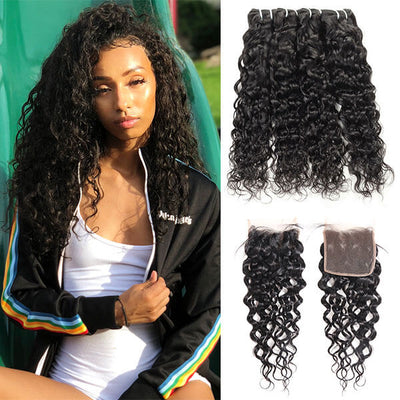 100% Virgin Malaysian Water Wave Hair 4 Bundles with Closure