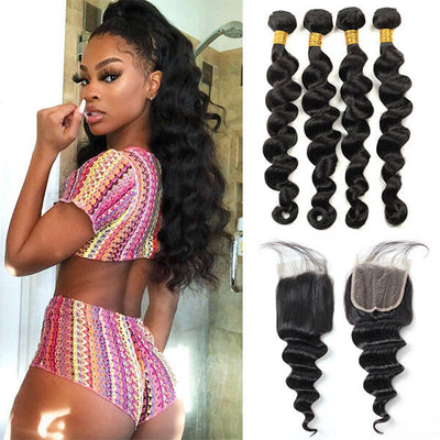 100% Virgin Malaysian Loose Deep Wave Hair 4 Bundles with Closure