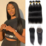 Virgin Malaysian Straight Hair 4 Bundles With 4*4 Lace Closure Virgin Human Hair