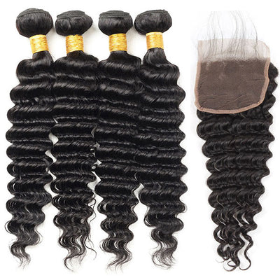 Malaysian Deep Wave 4 Bundles with 4*4 Lace Closure Virgin Human Hair